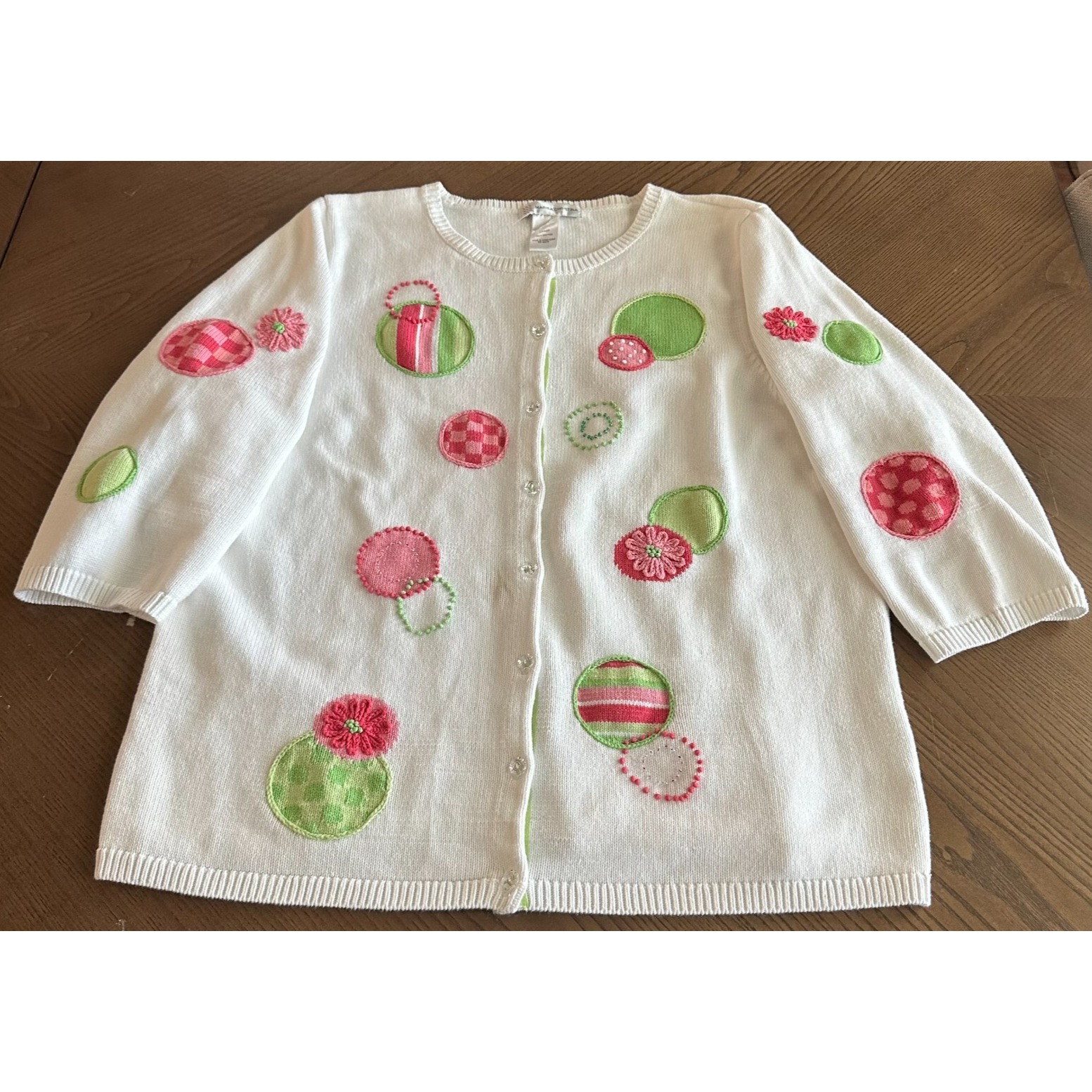 Vtg Marisa Christina Pink Green Circles Embroidered Cardigan Women's Large